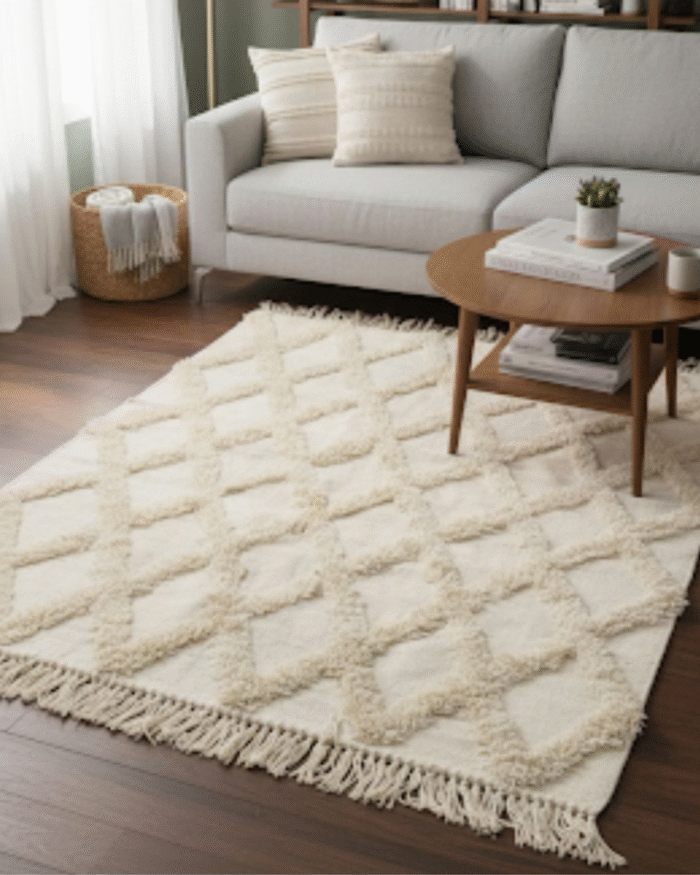 Handmade Kilim off white Rug – Linear Pattern Design - Image 1