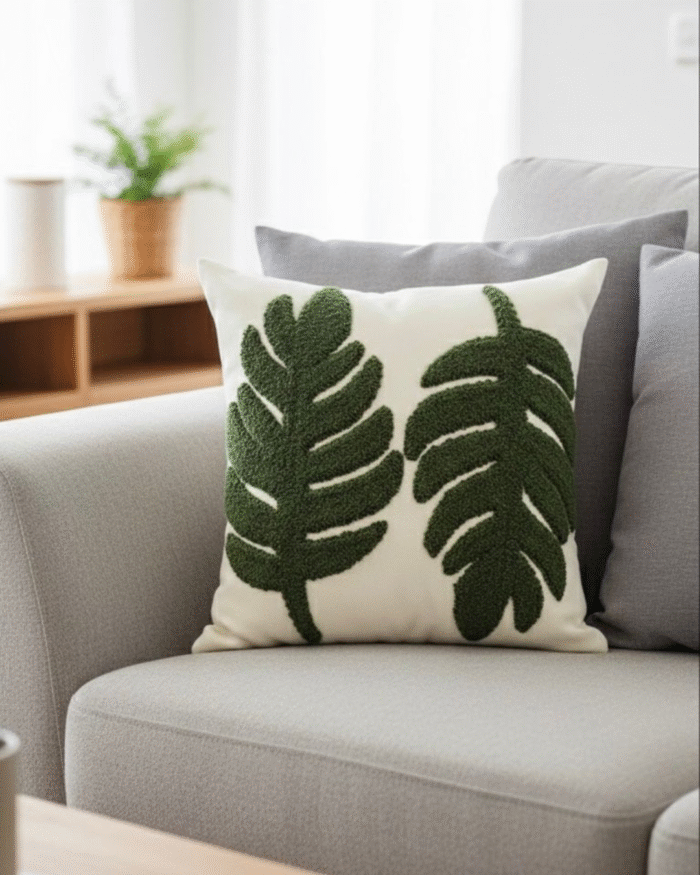 Decorative Square Throw Pillow with Tropical Green  or offwhite Leaf Embroidery – Soft Cotton Cover with Plush Filling for Sofa Bed or Living Room Décor – Nature-Inspired Modern Cushion - Image 3