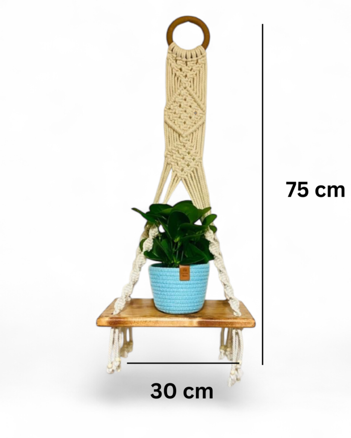 Handcrafted Macrame Plant Hanger with Wooden Shelf – Bohemian Hanging Planter Holder for Indoor or Outdoor Use Space-Saving Home Décor for Living Room Balcony or Garden – Fits Small to Medium Pots - Image 2
