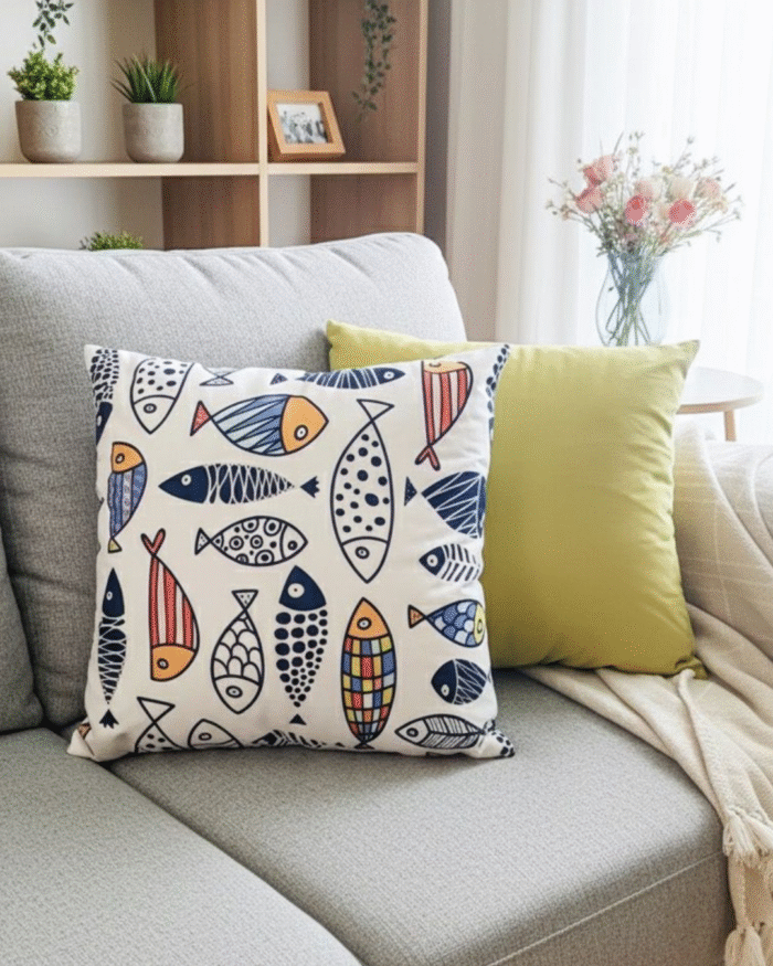 Fish & Sunshine Yellow Cushion Set – Modern Polyester Decorative Pillows - Image 8