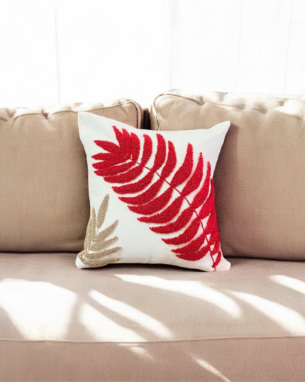 red and beige fern leaf pattern cushion