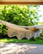 Classic handmade Hammock with Macramé-Handwoven Boho Macramé Hammock with Fringe – Cotton Rope Outdoor Swing Bed for Patio Garden or Backyard – Decorative Lace-Style Hammock for 2 Adults Lightweight & Durable with Rustic Bohemian Design - Image 2