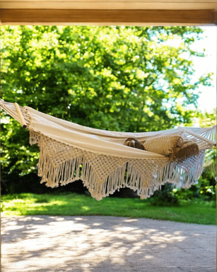 Classic handmade Hammock with Macramé-Handwoven Boho Macramé Hammock with Fringe – Cotton Rope Outdoor Swing Bed for Patio Garden or Backyard – Decorative Lace-Style Hammock for 2 Adults Lightweight & Durable with Rustic Bohemian Design - Image 2