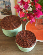 Storage Cotton Basket with Wicker Lid-Woven Storage Baskets with Lids – Handcrafted Stackable Rope Bins in Sage Green with Brown Accents – Decorative Organizer Containers for Shelves Closet Bathroom Nursery or Living Room Decor - Image 3