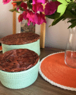 Storage Cotton Basket with Wicker Lid-Woven Storage Baskets with Lids – Handcrafted Stackable Rope Bins in Sage Green with Brown Accents – Decorative Organizer Containers for Shelves Closet Bathroom Nursery or Living Room Decor - Image 2