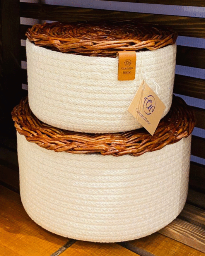 Storage Cotton Basket with Wicker Lid-Woven Storage Baskets with Lids – Handcrafted Stackable Rope Bins in Sage Green with Brown Accents – Decorative Organizer Containers for Shelves Closet Bathroom Nursery or Living Room Decor - Image 4