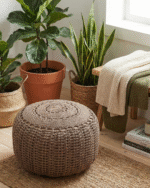 Handwoven Round Knitted Pouf Ottoman – Boho Chic Cotton Braided Floor Seat Footrest or Accent Stool – Lightweight & Durable Bean Bag Style Ottoman for Living Room Bedroom or Cozy Reading Nook