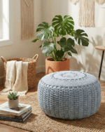 Handwoven Round Knitted Pouf Ottoman – Boho Chic Cotton Braided Floor Seat Footrest or Accent Stool – Lightweight & Durable Bean Bag Style Ottoman for Living Room Bedroom or Cozy Reading Nook - Image 3