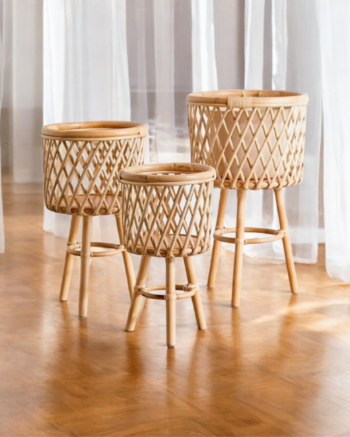 Coccaro Rattan Plant Stand Set – Handwoven Natural Boho Decor (Set of 3) - Image 4