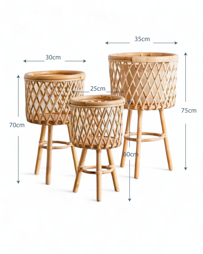 Coccaro Rattan Plant Stand Set – Handwoven Natural Boho Decor (Set of 3) - Image 3