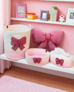 Pink Ribbon  Plush Bow-Shaped Decorative Pillow for Kids – Ultra-Soft Pink Sherpa Fleece Cushion with Red Trim – Ideal for Bedrooms Nurseries & Playrooms - Image 4