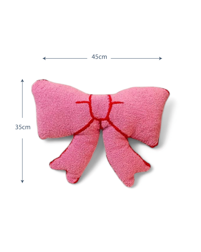 Pink Ribbon  Plush Bow-Shaped Decorative Pillow for Kids – Ultra-Soft Pink Sherpa Fleece Cushion with Red Trim – Ideal for Bedrooms Nurseries & Playrooms - Image 2