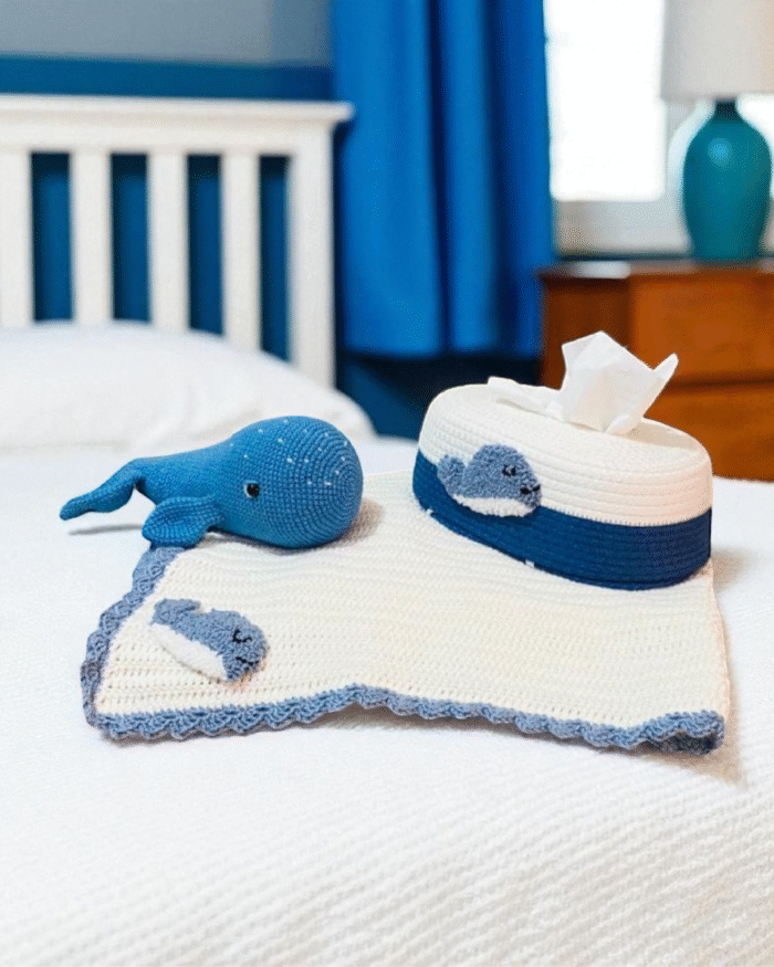 Bear on the Ship Baby Blanket  Soft Crochet Cover with Blue Scalloped Trim & Embroidered Dolphin Patch – Lightweight & Cozy Nursery Blanket for Newborns, Infants & Toddlers - Image 2