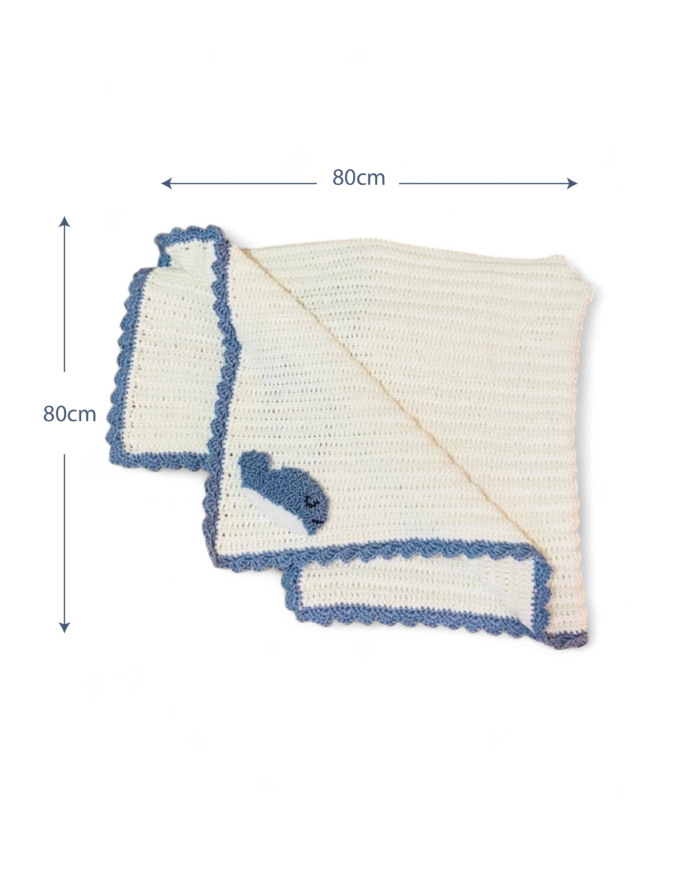 Bear on the Ship Baby Blanket  Soft Crochet Cover with Blue Scalloped Trim & Embroidered Dolphin Patch – Lightweight & Cozy Nursery Blanket for Newborns, Infants & Toddlers - Image 3