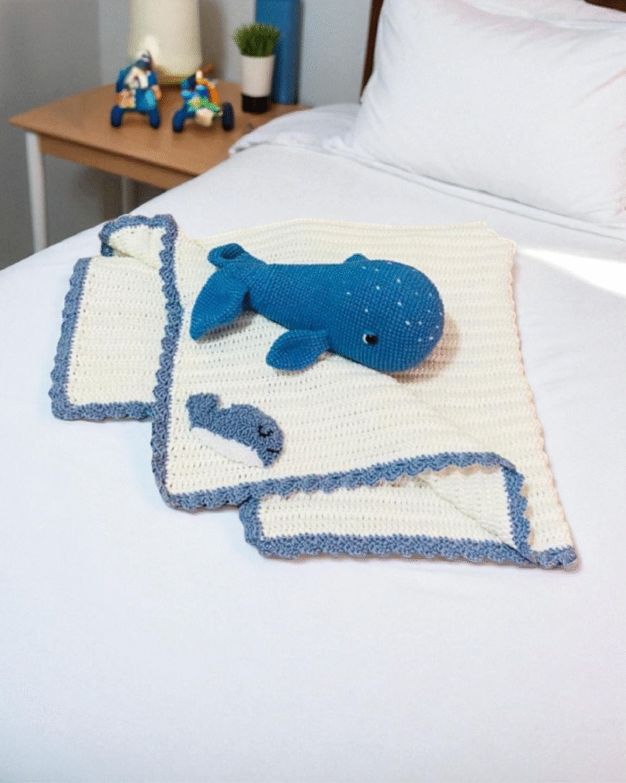 Bear on the Ship Baby Blanket  Soft Crochet Cover with Blue Scalloped Trim & Embroidered Dolphin Patch – Lightweight & Cozy Nursery Blanket for Newborns, Infants & Toddlers - Image 4