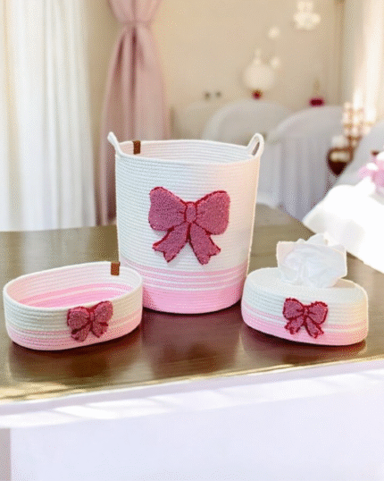 Pink ribbon jute storage set