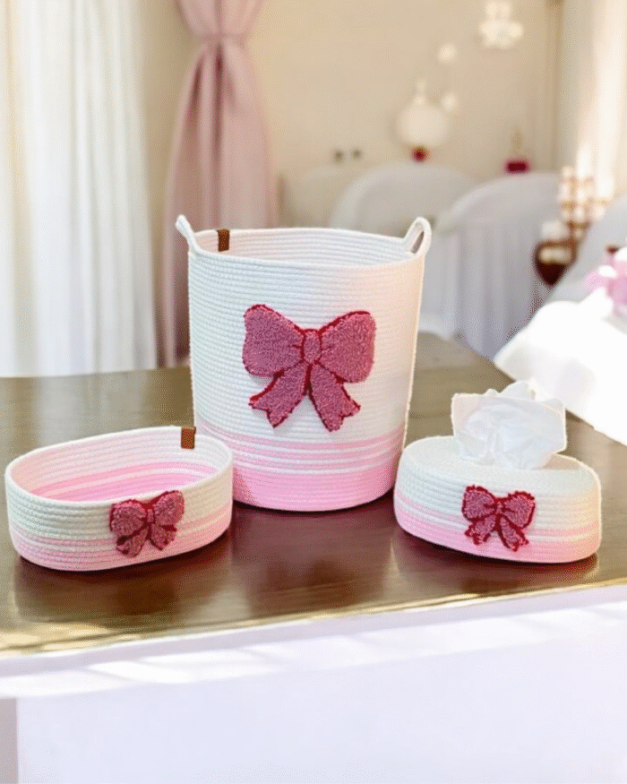 Pink ribbon jute storage set