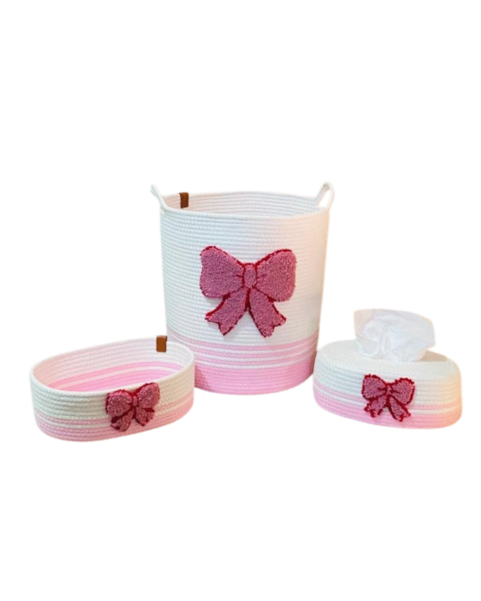 Pink Ribbon set of 3 pcs Handcrafted Jute Storage & Tissue Set with Embroidered Pink Ribbon Accents - Image 2