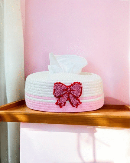 Handwoven Pink and white Ribbon Rope Tissue Box Cover