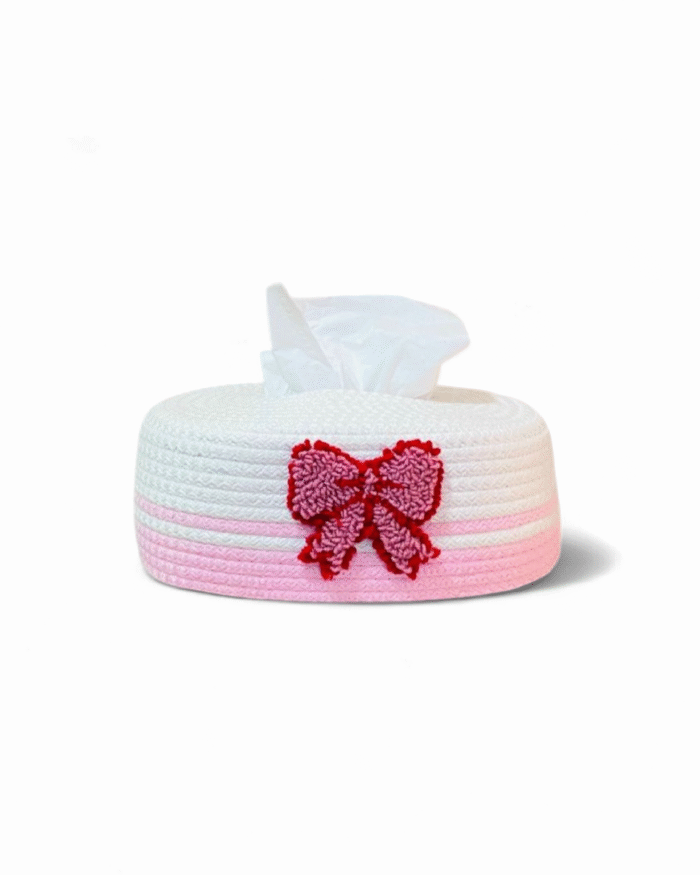 Pink Ribbon Handwoven Pink and White Rope Tissue Box Cover with 3D Red Bow Accent – Decorative Round Napkin Holder Case for Bedroom Nursery Bathroom or Living Room – Cute and Elegant Home Décor Accessory - Image 2
