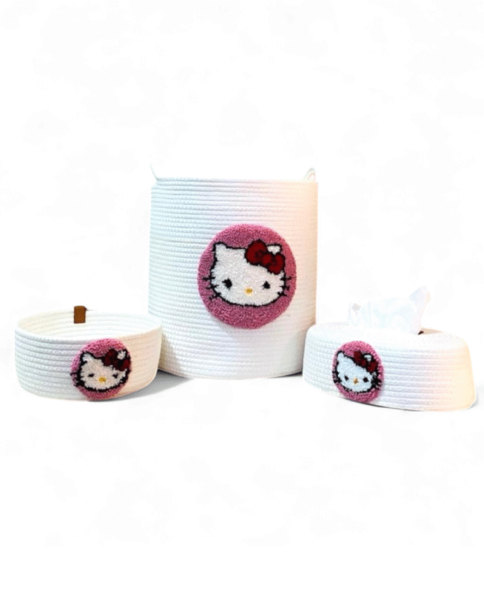 Hello Kitty set 3 pcs Handcrafted Jute Storage & Tissue Set with Embroidered Pink Ribbon Accents - Image 2