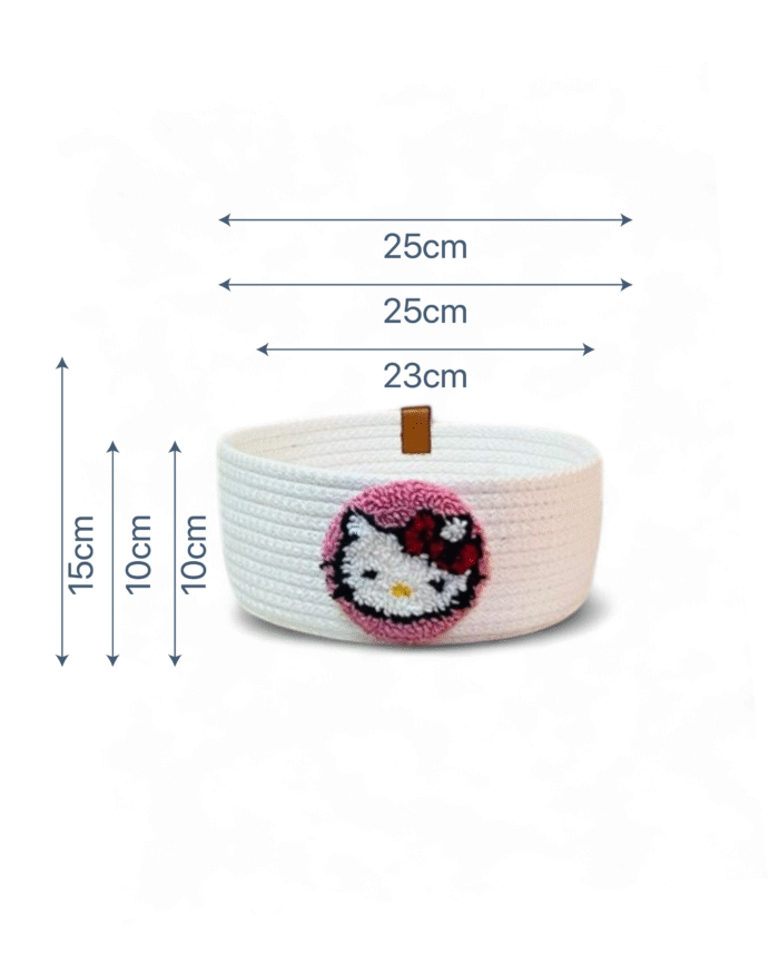 Hello Kittey Handcrafted Round Jute Basket with Embroidered Kitty Face in Soft Pink Accent- Round Organizer Bin for Toys, Clothes, and Nursery Essentials – Durable and Stylish Home Décor Basket - Image 2