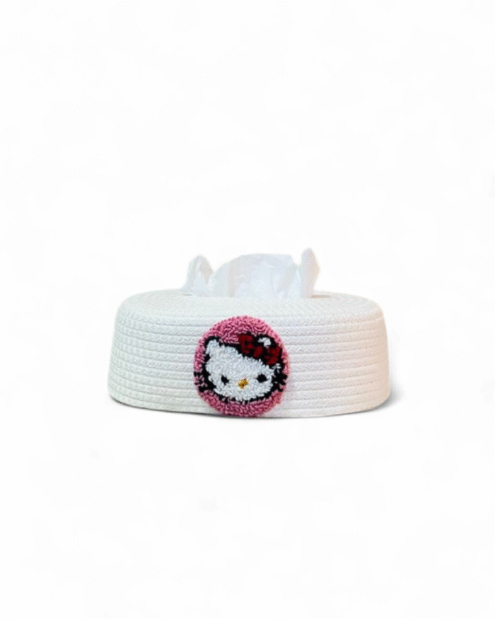 Hello Kitty  Handcrafted Jute Tissue Box Cover with Embroidered Kitty Motif in Soft Pink Frame - Image 2