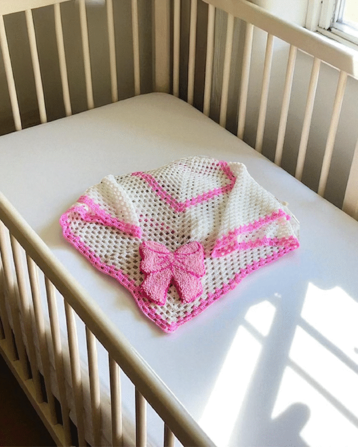 Handmade Crochet Baby Blanket 80x80 cm – Soft Knitted Infant Throw with Pink Decorative Bow – Lightweight & Breathable Handmade Baby Shawl for Crib, Stroller, Nursery, and Gift Giving - Image 3