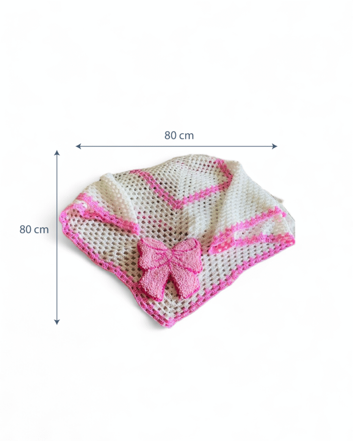 Handmade Crochet Baby Blanket 80x80 cm – Soft Knitted Infant Throw with Pink Decorative Bow – Lightweight & Breathable Handmade Baby Shawl for Crib, Stroller, Nursery, and Gift Giving - Image 2