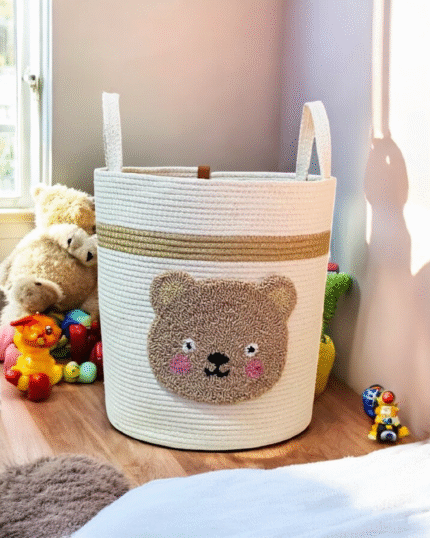 Handwoven teddy bear jute basket