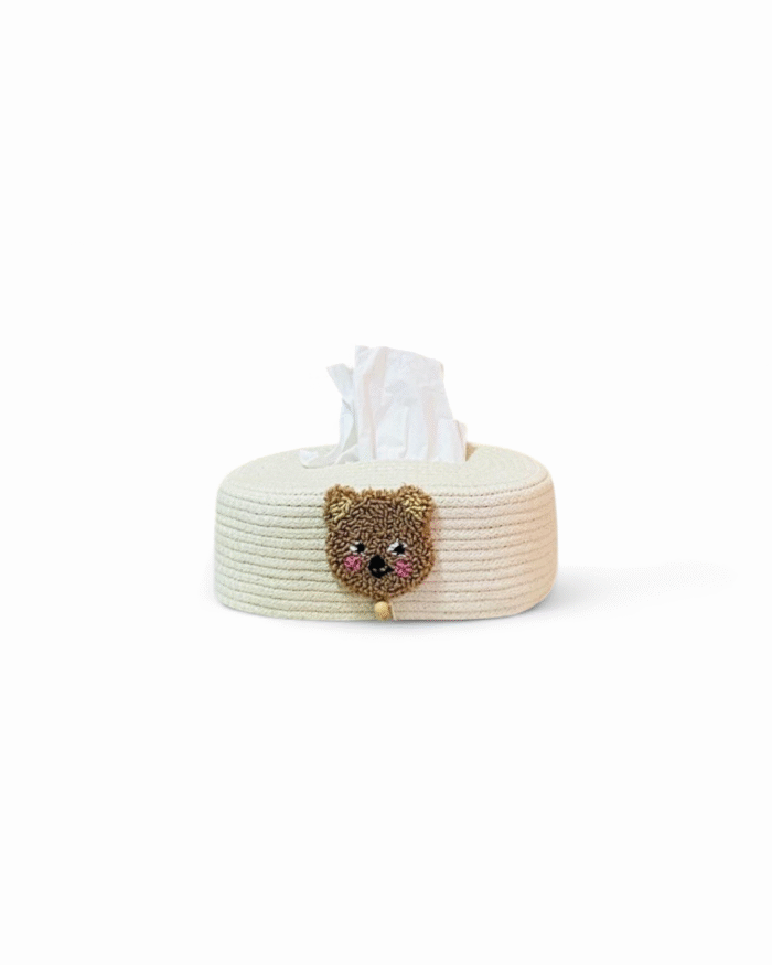Teddy Bear Handwoven Brown  and White Rope Tissue Box Cover with 3Dbrown Teddy Accent – Decorative Round Napkin Holder Case for Bedroom Nursery Bathroom or Living Room – Cute and Elegant Home Décor Accessory - Image 2