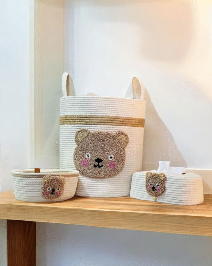 Teddy Bear set of 3 or 4 pcs Handcrafted Jute Storage & Tissue Set with Embroidered teddy bear Accents - Image 3