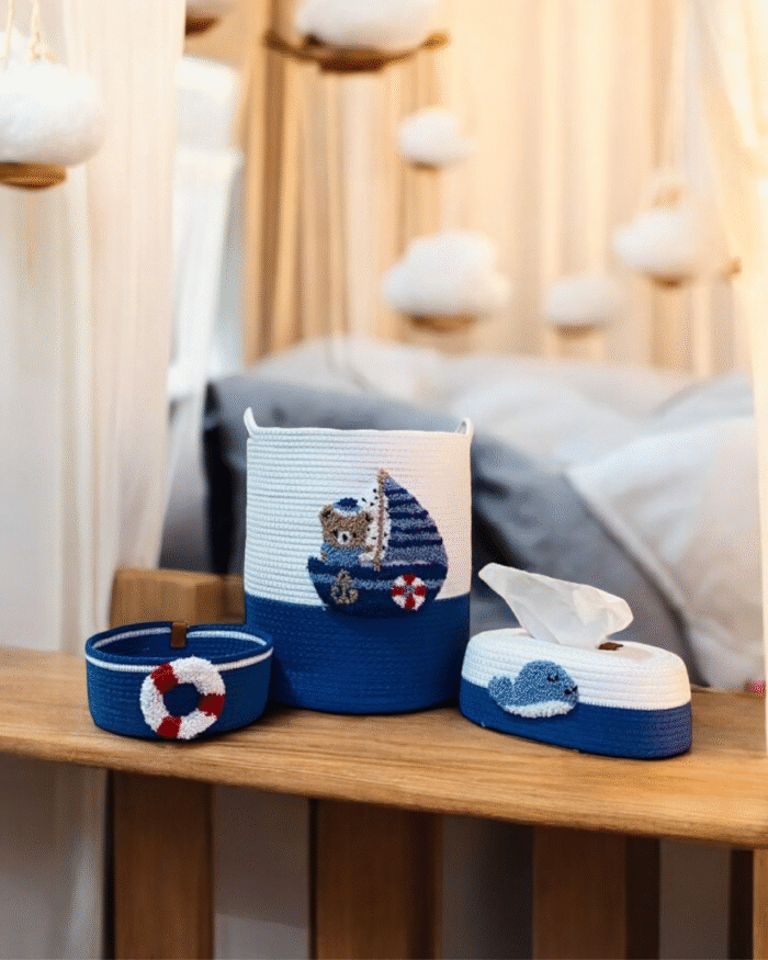 Bear on the Ship set of 3 or 5 pcs Nautical Nursery Storage & Décor Set – Handcrafted Woven Baskets with Sailboat & Bear Design – Optional Crochet Whale & Crab Plush Toys – Coastal Theme for Baby Room Playroom or Kids’ Storage - Image 3