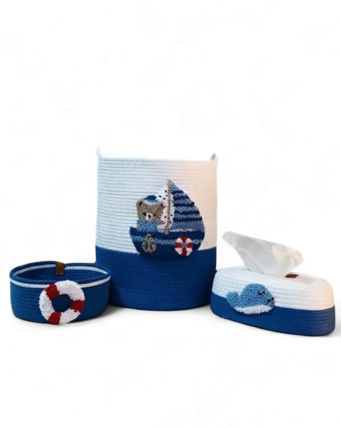 Bear on the Ship set of 3 or 5 pcs Nautical Nursery Storage & Décor Set – Handcrafted Woven Baskets with Sailboat & Bear Design – Optional Crochet Whale & Crab Plush Toys – Coastal Theme for Baby Room Playroom or Kids’ Storage - Image 4