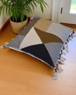 Handmade Geometric Floor Cushion Pouf 70x70 cm – Large Square Cotton & Wool Blend Pillow with Modern Boho Pattern Decorative Tassels Neutral Beige Brown Black & White Tones – Perfect for Living Room Bedroom or Lounge Seating - Image 2