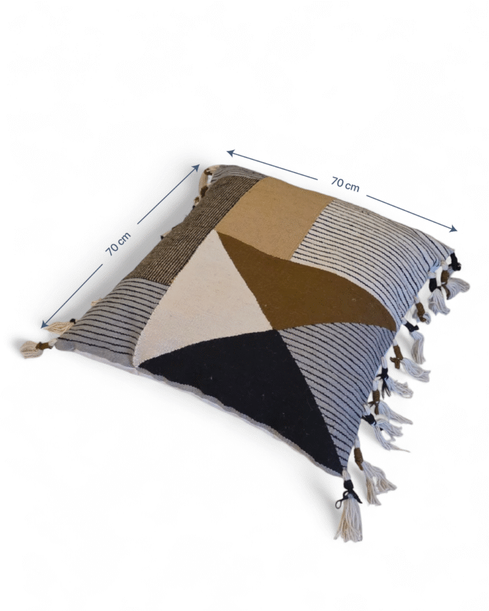 Handmade Geometric Floor Cushion Pouf 70x70 cm – Large Square Cotton & Wool Blend Pillow with Modern Boho Pattern Decorative Tassels Neutral Beige Brown Black & White Tones – Perfect for Living Room Bedroom or Lounge Seating - Image 3