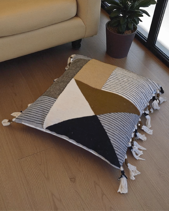 Handmade Geometric Floor Cushion Pouf 70x70 cm – Large Square Cotton & Wool Blend Pillow with Modern Boho Pattern Decorative Tassels Neutral Beige Brown Black & White Tones – Perfect for Living Room Bedroom or Lounge Seating - Image 4