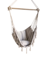 Deluxe Hanging Hammock Chair with Cushions – Bohemian Style Cotton Rope Swing with Wooden Spreader Bar Soft Grey Fabric Seat and Back Support Comfortable Indoor and Outdoor Lounger for Living Room Bedroom Balcony Patio or Garden - Image 3