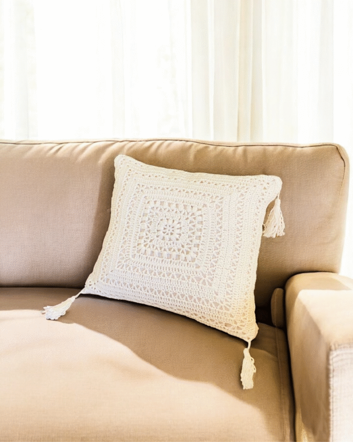 Handmade Bohemian Macramé Crochet Decorative Square Cushion Cover with Tassels – Soft Cotton Throw Pillow for Sofa Bed or Living Room Décor - Image 3