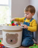 Teddy Bear Handwoven Jute Toy Storage Basket with Embroidered Teddy Bear Face in Brown Circle-Decorative Laundry Hamper and Organizer Bin with Handles for Kids’ Room Nursery or Playroom - Image 3
