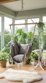 Deluxe Hanging Hammock Chair with Cushions – Bohemian Style Cotton Rope Swing with Wooden Spreader Bar Soft Grey Fabric Seat and Back Support Comfortable Indoor and Outdoor Lounger for Living Room Bedroom Balcony Patio or Garden - Image 2