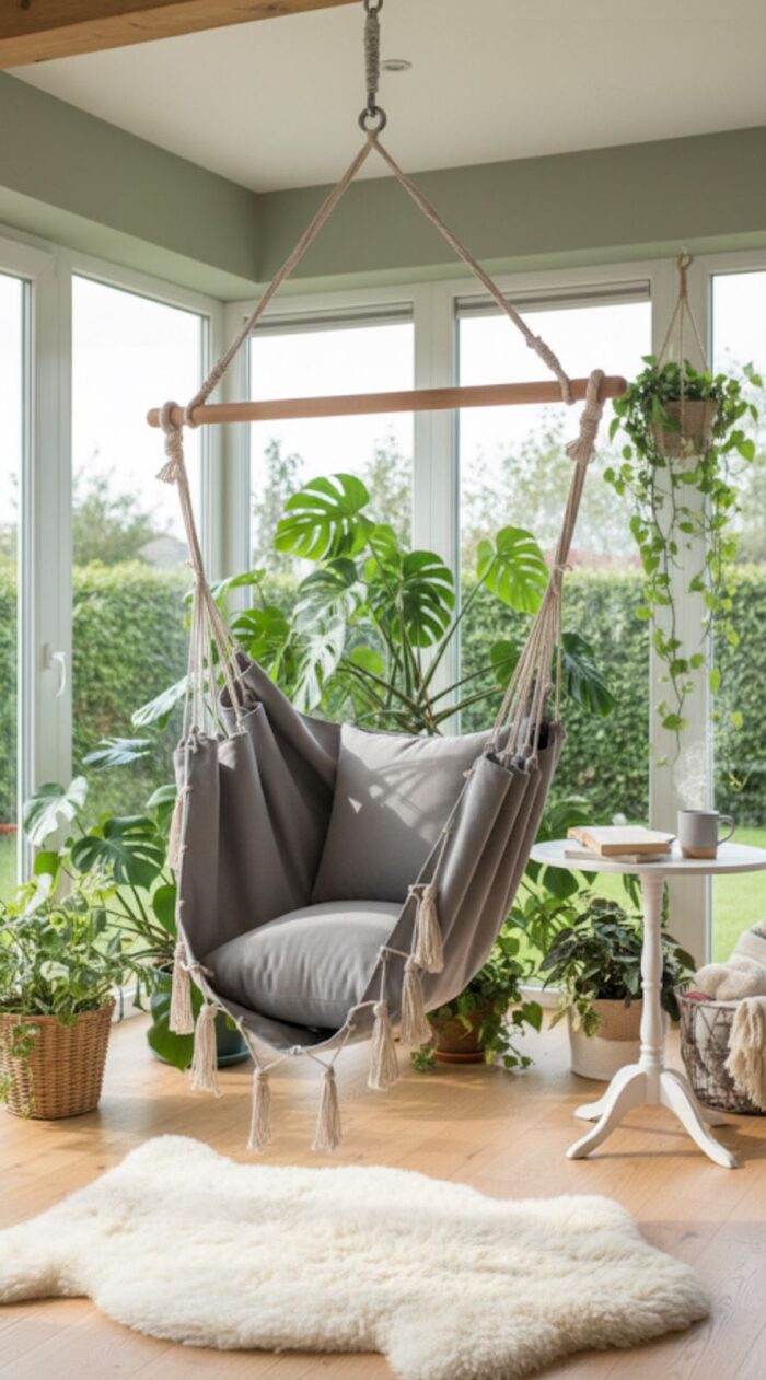Deluxe Hanging Hammock Chair with Cushions – Bohemian Style Cotton Rope Swing with Wooden Spreader Bar Soft Grey Fabric Seat and Back Support Comfortable Indoor and Outdoor Lounger for Living Room Bedroom Balcony Patio or Garden - Image 2