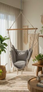 Deluxe Hanging Hammock Chair with Cushions – Bohemian Style Cotton Rope Swing with Wooden Spreader Bar Soft Grey Fabric Seat and Back Support Comfortable Indoor and Outdoor Lounger for Living Room Bedroom Balcony Patio or Garden