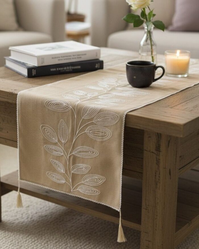 Handmade Linen Table Runner with Elegant White Embroidered Leaf Pattern Neutral Beige Fabric with Decorative Tassel Ends Rustic Farmhouse and Modern Minimalist Dining Table and Coffee Table Décor - Image 2