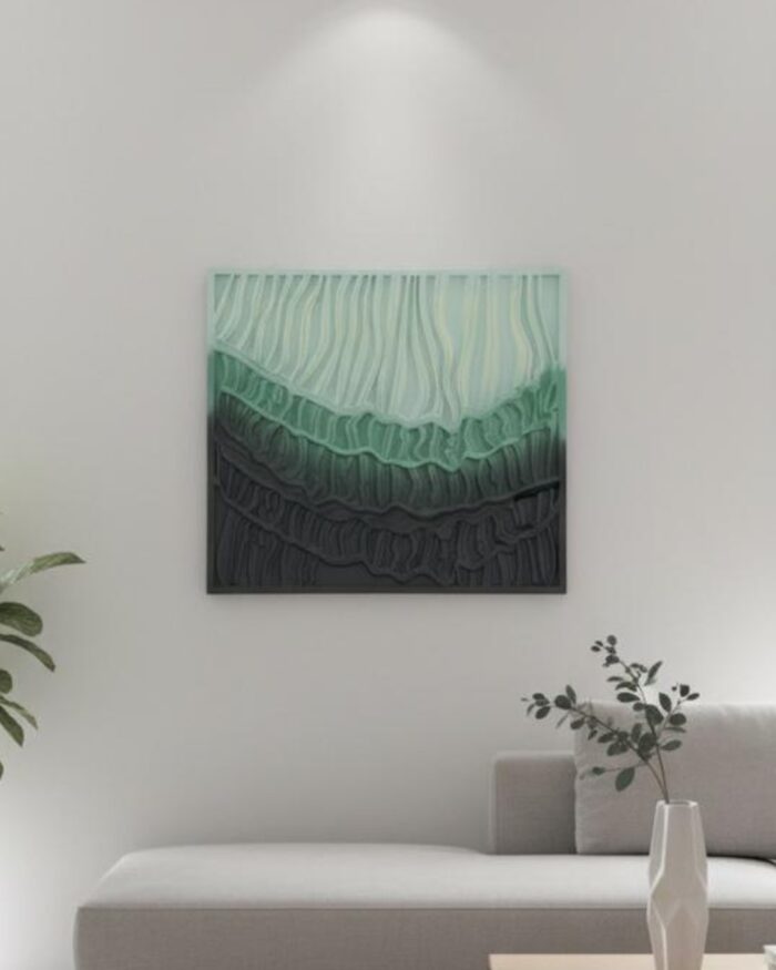 Waves of Earth & Sky" –  Textured Abstract Wall Art on MDF Panel (70x80 cm) | Handcrafted Modern Organic Decor in Gradient Green Grey & Ivory Tones - Image 2