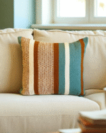 Handmade Decorative Cushion Pillow Cover – Cotton Blend Fabric with Rustic Bohemian Striped Design in Teal Blue & Rust Orange & Beige & and White – Available in Square 50x50 cm and Rectangular 60x35 cm Sizes – Modern Throw Pillow for Sofa Couch Bed or Living Room Home Décor - Image 2