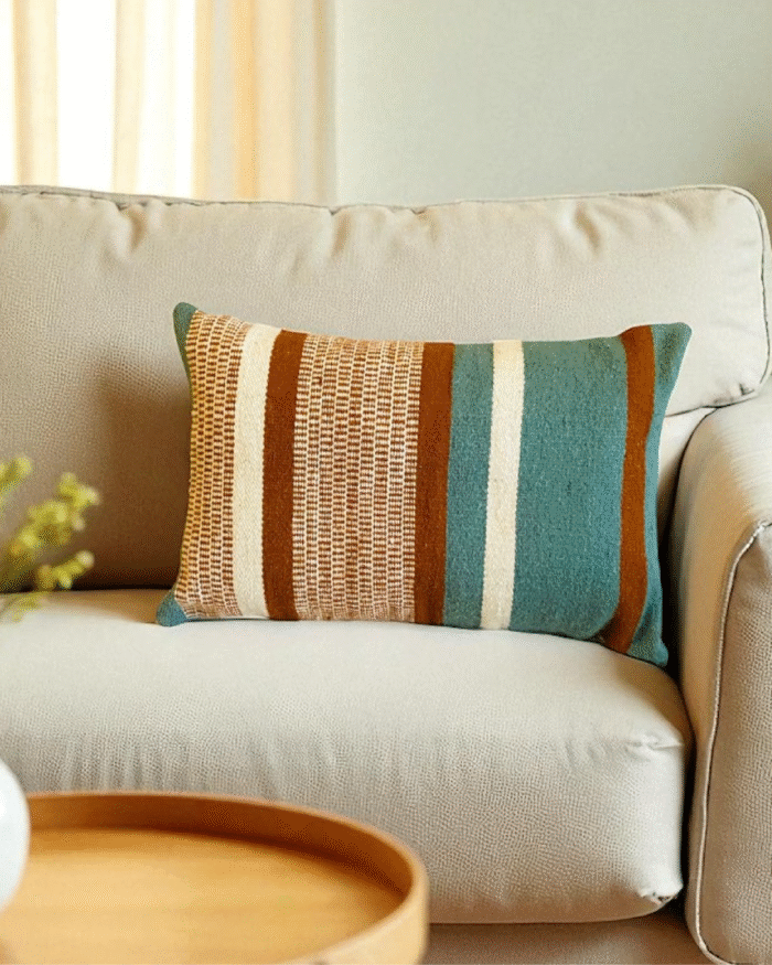 Handmade Decorative Cushion Pillow Cover – Cotton Blend Fabric with Rustic Bohemian Striped Design in Teal Blue & Rust Orange & Beige & and White – Available in Square 50x50 cm and Rectangular 60x35 cm Sizes – Modern Throw Pillow for Sofa Couch Bed or Living Room Home Décor - Image 4