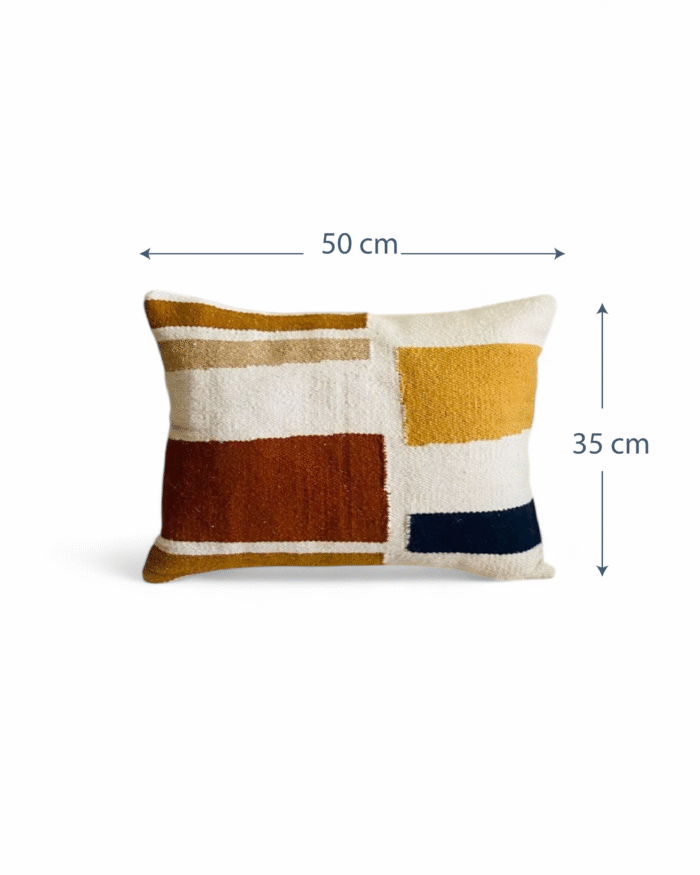 Sunset Geometry Modern Art Cushion – Handwoven Abstract Block Design in Terracotta Mustard & Navy (50x35 cm) - Image 2