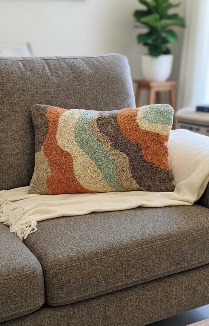 Handmade Punch Needle Decorative Throw Pillow Cover –Modern Boho Wavy Pattern Cushion with Multi-Color Textured Tufted Design – Soft Cotton Blend for Sofa Bed and Living Room Decor - Image 2