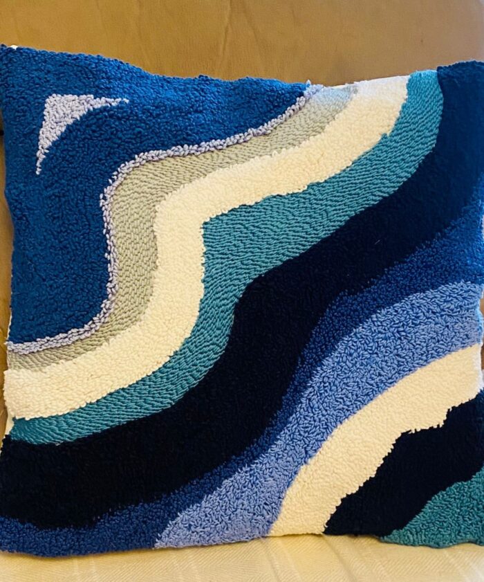 Handmade Punch Needle Cushion Cover 50x50 cm – Modern Abstract Wave Design in Blue White & Grey Tones – Soft Textured Decorative Throw Pillow for Sofa Couch Bed or Living Room Décor - Image 2